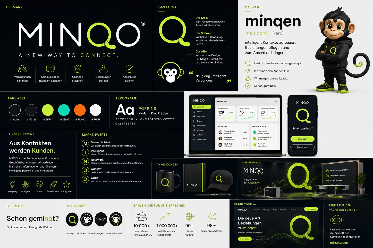MINQO Markenwelt: Logo, Farben, App-Oberfläche und Claim „Schon geminqt?“